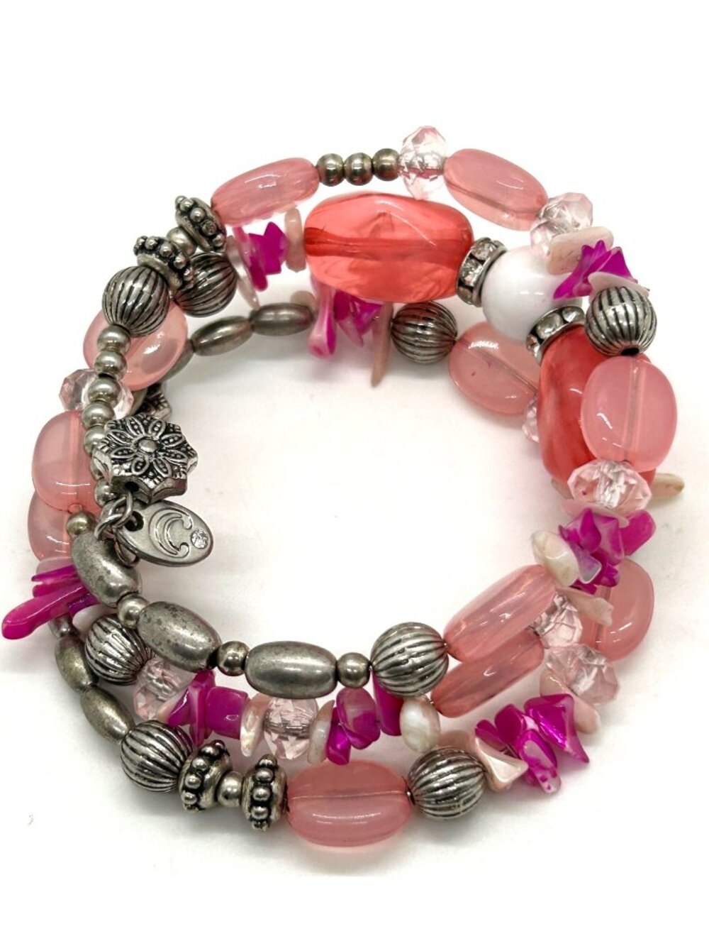 Charming Charlie Memory Wire Wrap Pink Magenta Silver-tone Beaded Bracelet Boho